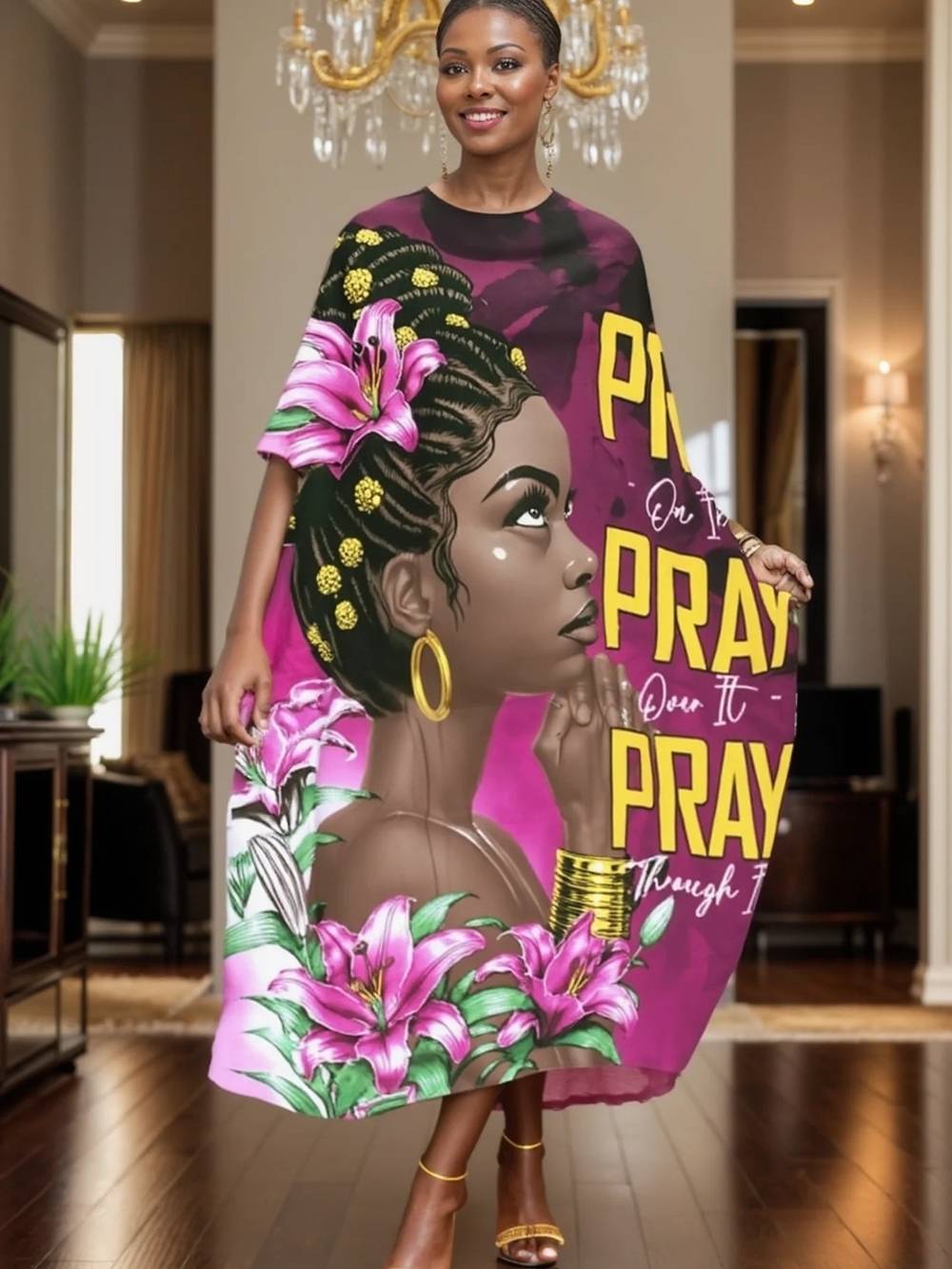 Pray Graphic Kaftan Dress in Fuchsia Pink